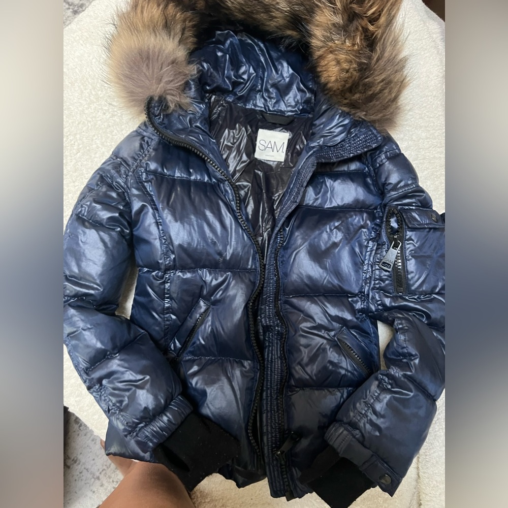 Sam kids blue metallic puffer jacket.